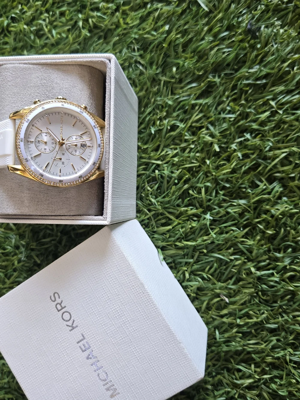Michael Kors Gold and White Crystal Bezel Chronograph Watch